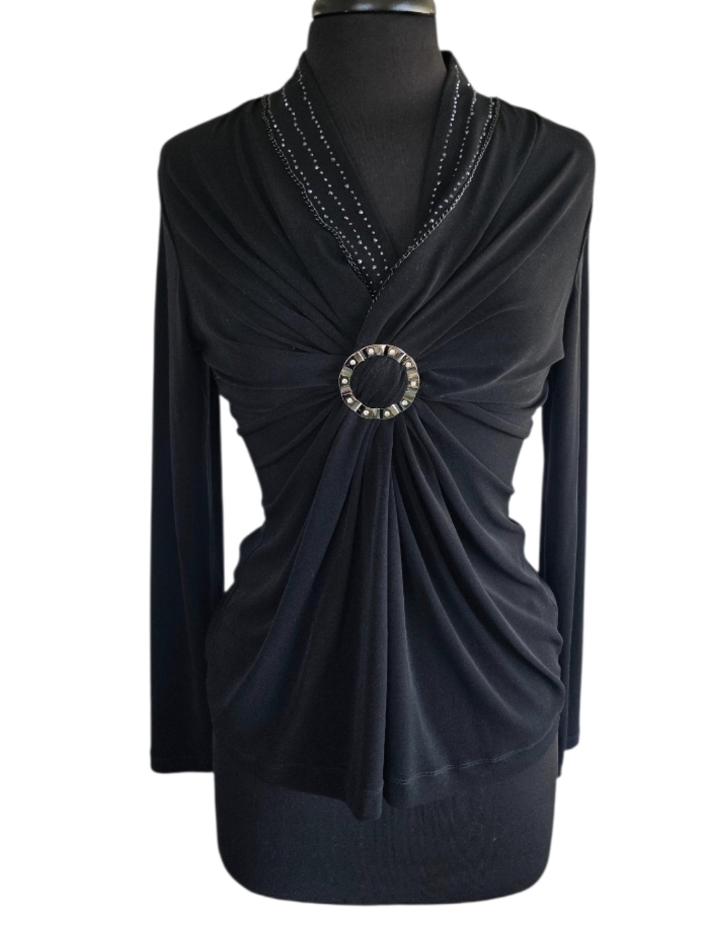 Vintage Y2K Bling Top Alexandra Rosati L Black Long-Sleeve Twist Blouse 2000s
